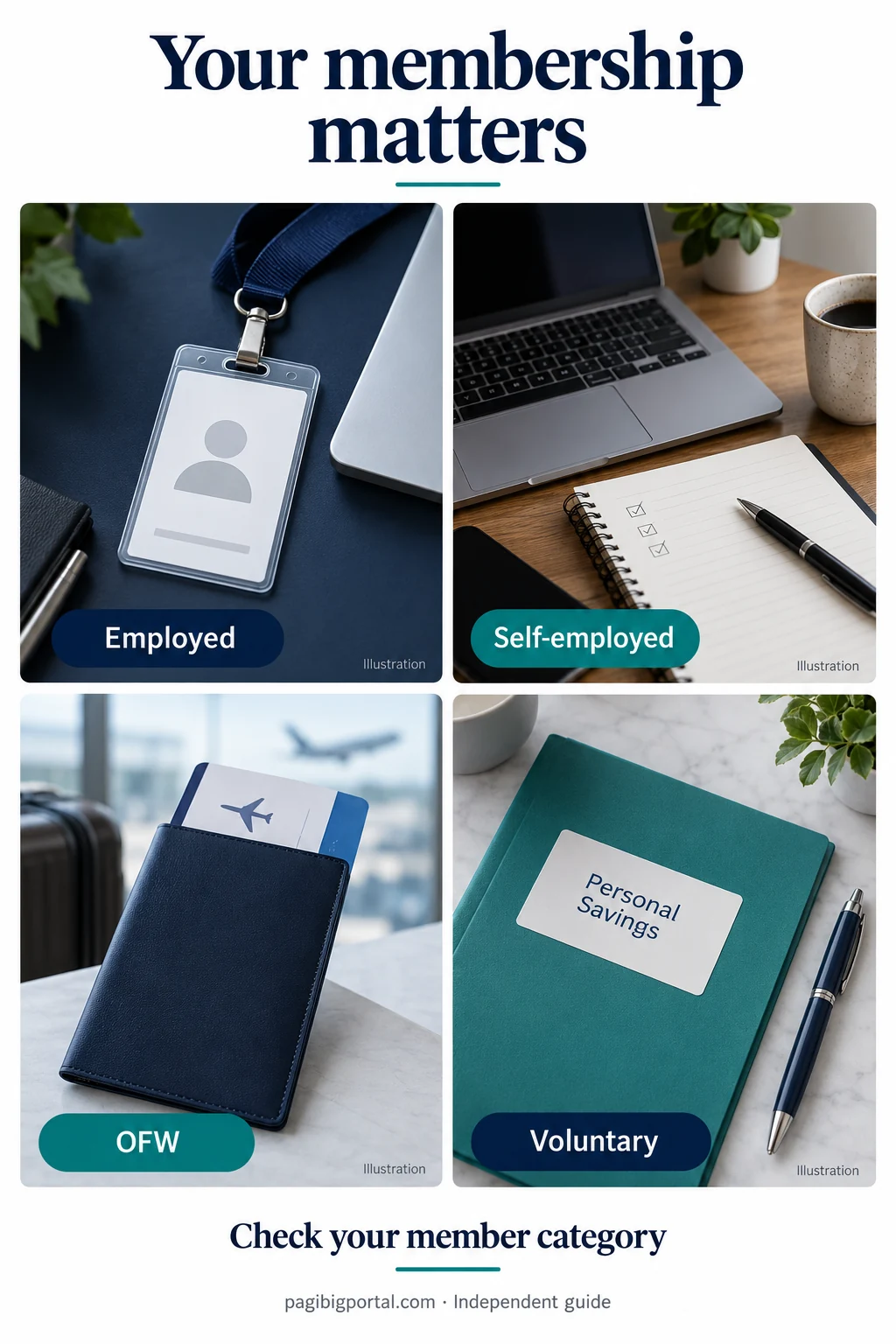 Employee ID, laptop, travel wallet and savings folder representing employed, self-employed, OFW and voluntary members.