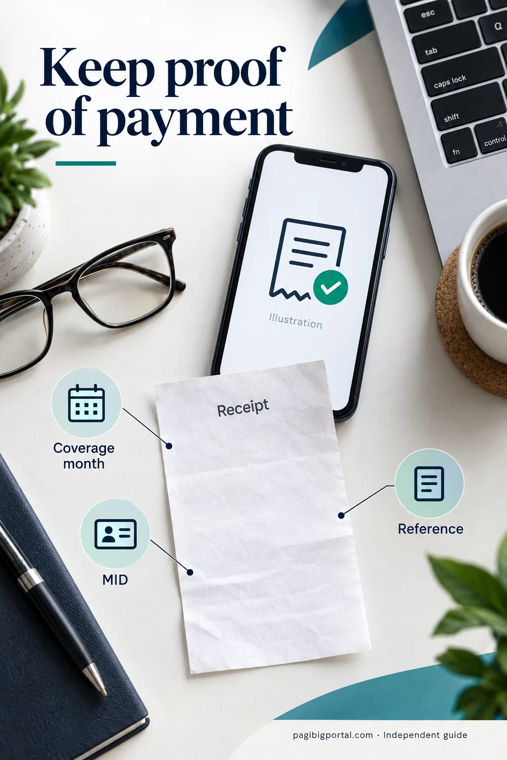 Illustrated payment receipt highlighting the coverage month, MID and payment reference to keep.