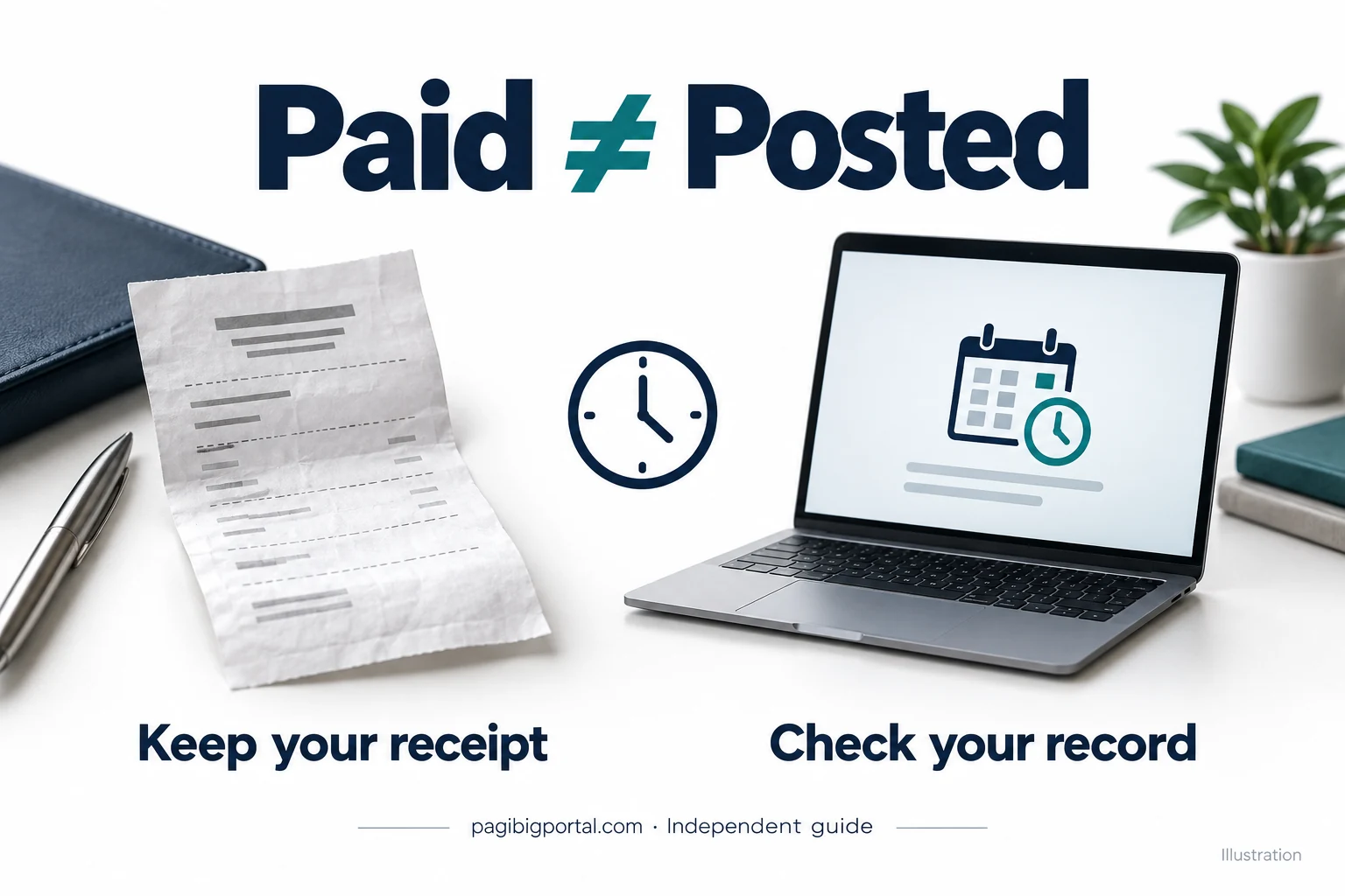 Payment receipt and illustrated online record showing that paying a contribution and seeing it posted are separate events.