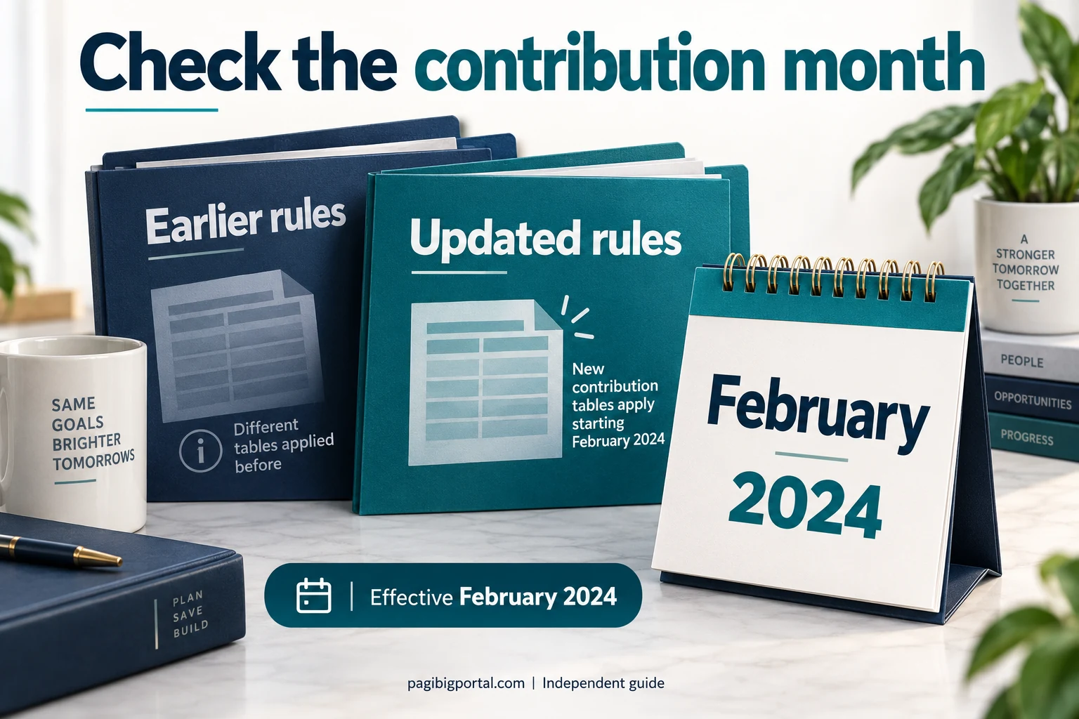 February 2024 calendar beside earlier and updated contribution folders highlights which rules apply to the contribution month.