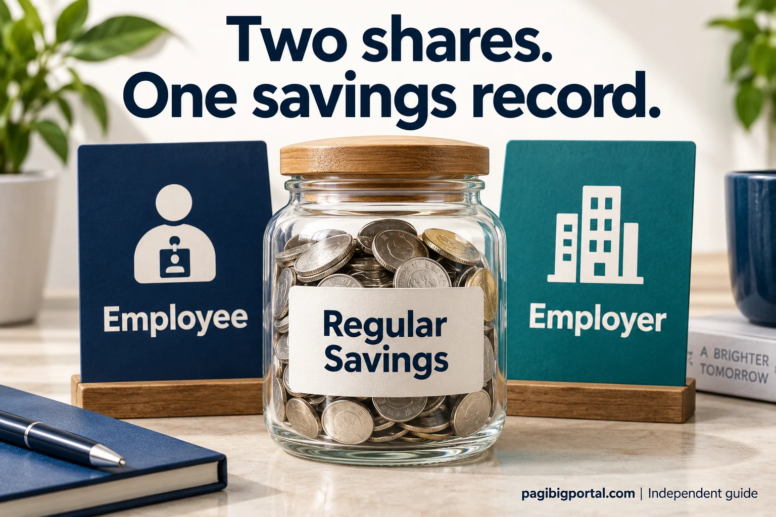 Employee and employer cards beside a savings jar illustrate the two shares that build Regular Savings.