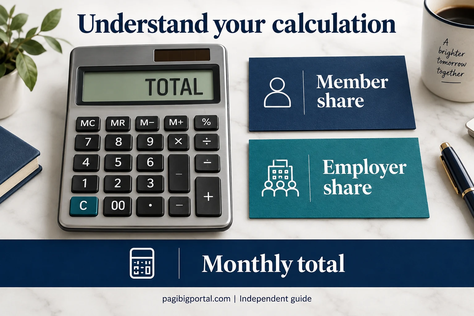 Calculator beside member-share and employer-share cards illustrates the components of the monthly contribution total.
