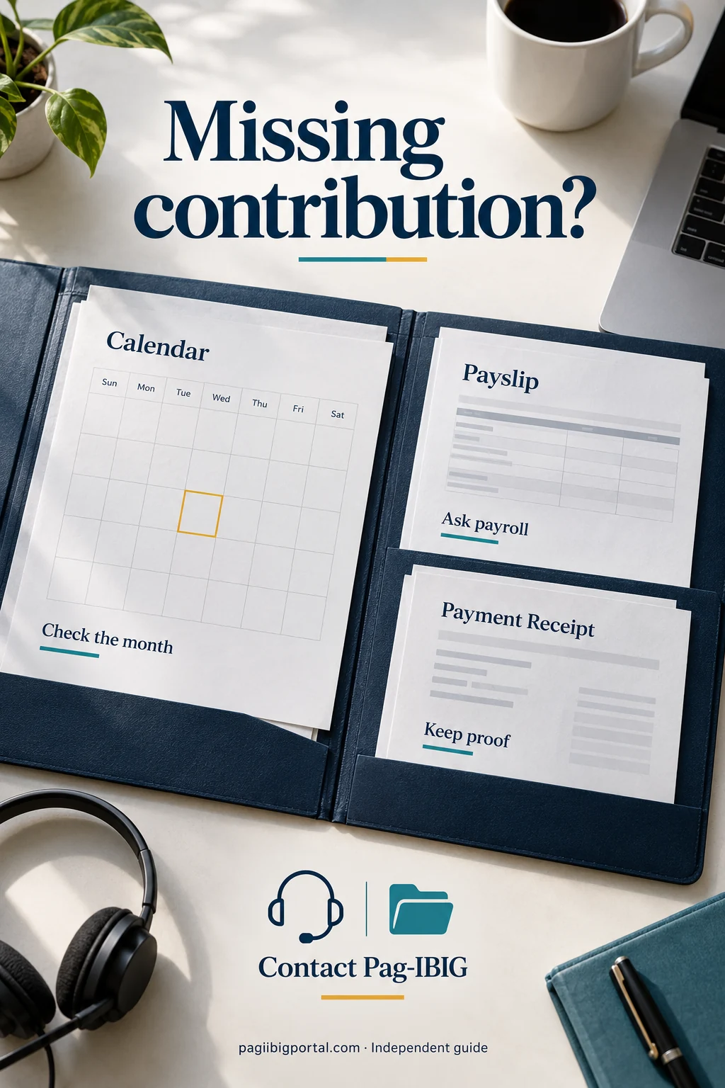 Calendar, payslip and payment receipt illustrating the evidence to gather for a missing Pag-IBIG contribution.