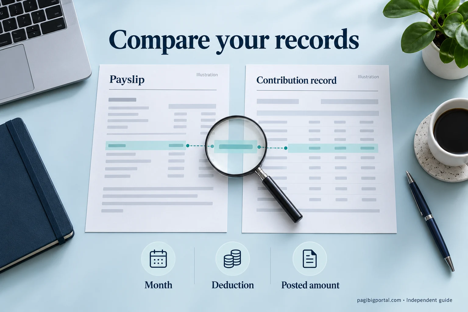 Payslip and contribution record illustrations showing where to compare the month, deduction and posted amount.