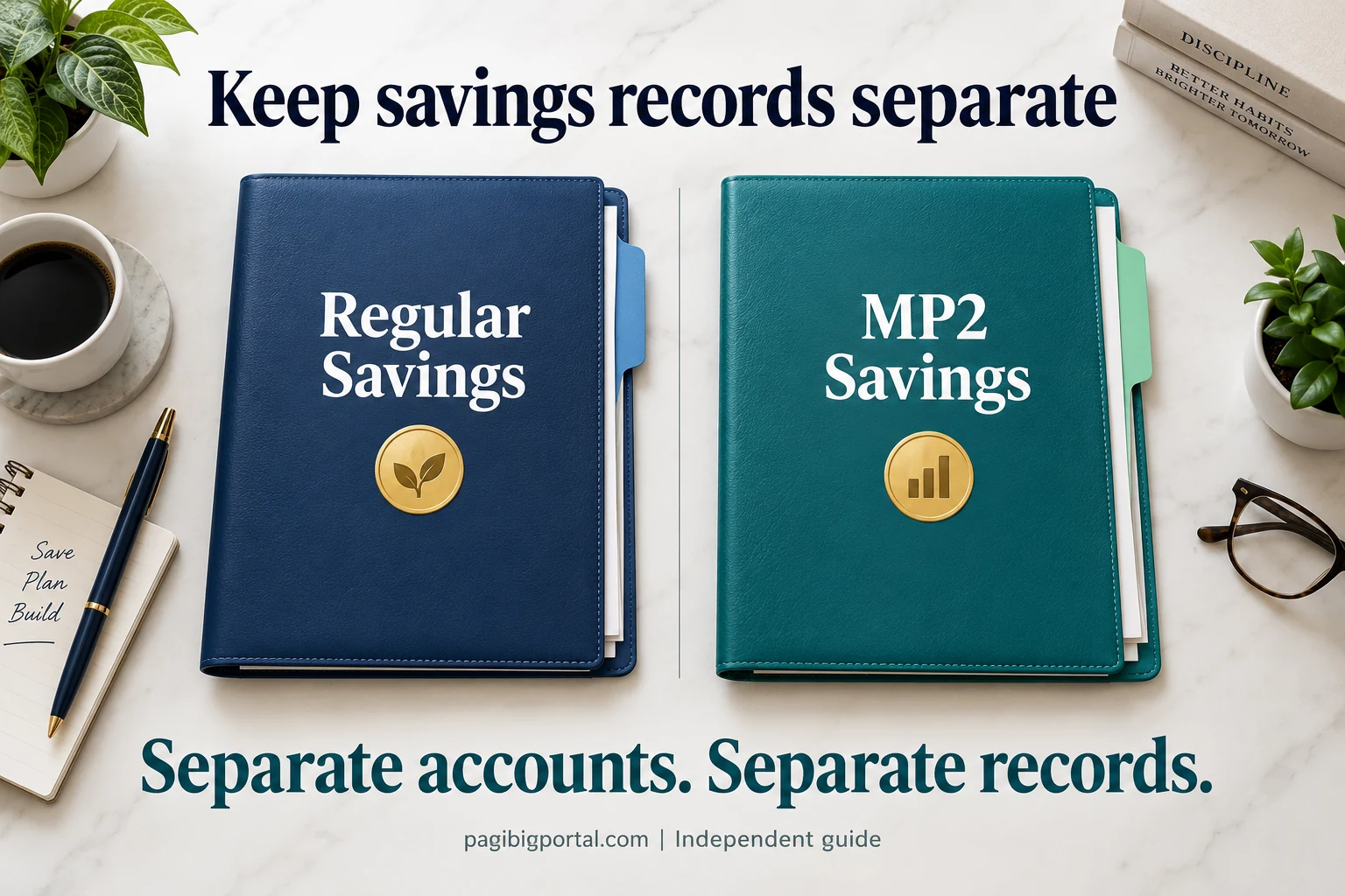 Separate navy Regular Savings and teal MP2 Savings folders illustrate that the accounts have separate records.